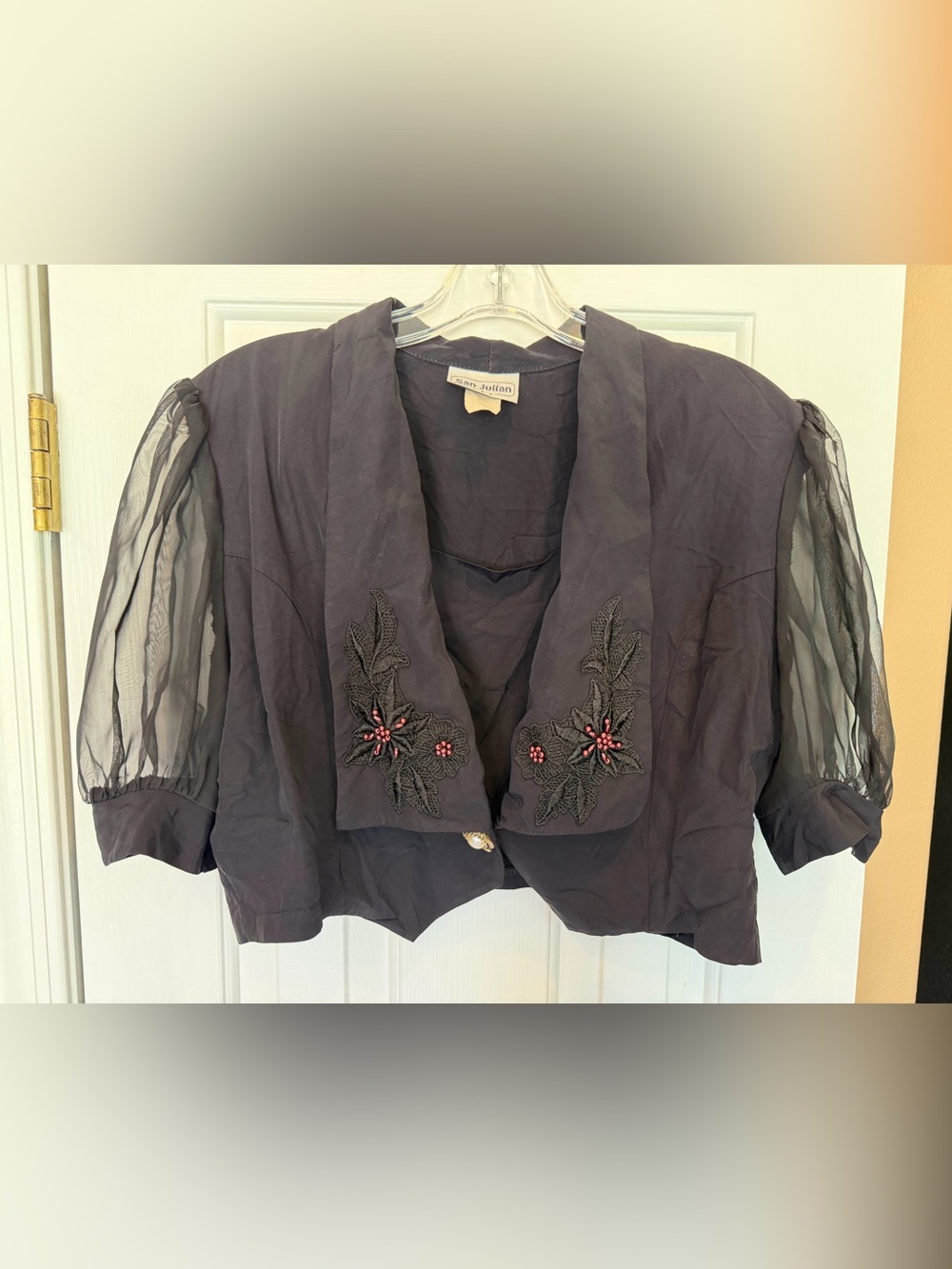 Vintage Crop Black Blouse Sheer Sleeves Beaded Large Retro Feminine Top Emo Goth